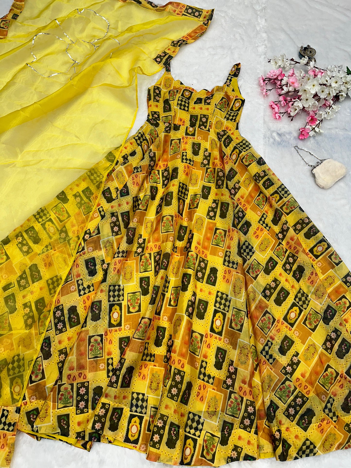 Haldi Wear Yellow Color Pure Jimmy Organza Silk Digital Printed Padded Designer Gown