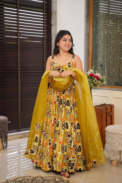 Haldi Wear Yellow Color Pure Jimmy Organza Silk Digital Printed Padded Designer Gown