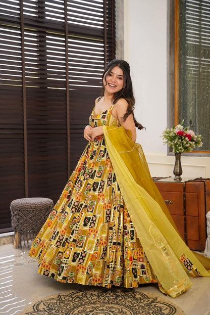 Haldi Wear Yellow Color Pure Jimmy Organza Silk Digital Printed Padded Designer Gown