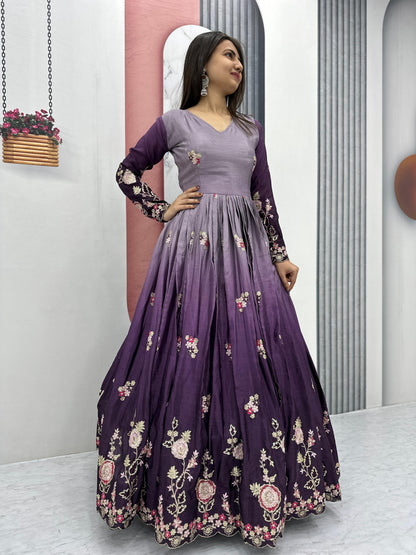 Outstanding Purple Color Chinon Heavy Embroidery Sequence Work Designer Gown