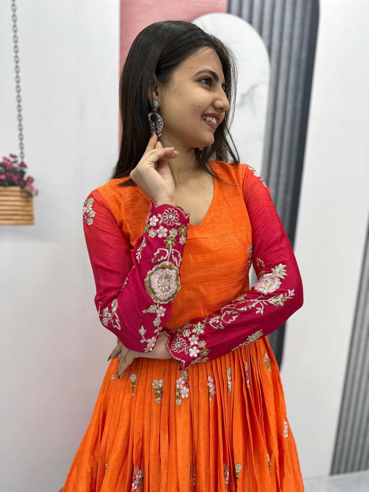 Outstanding Orange And Red Color Chinon Heavy Embroidery Sequence Work Designer Gown