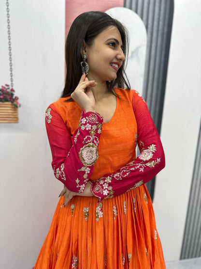 Outstanding Orange And Red Color Chinon Heavy Embroidery Sequence Work Designer Gown