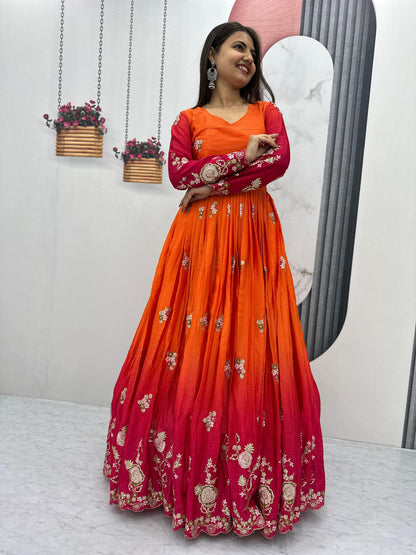 Outstanding Orange And Red Color Chinon Heavy Embroidery Sequence Work Designer Gown