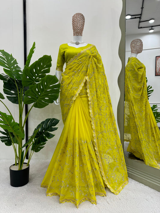 Peaceful Yellow Color Heavy Tabby Silk With Coding With Sequence Work Designer Saree