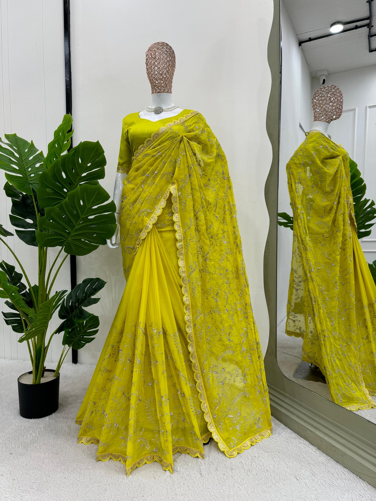 Peaceful Yellow Color Heavy Tabby Silk With Coding With Sequence Work Designer Saree