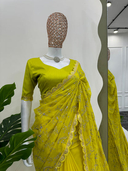 Peaceful Yellow Color Heavy Tabby Silk With Coding With Sequence Work Designer Saree