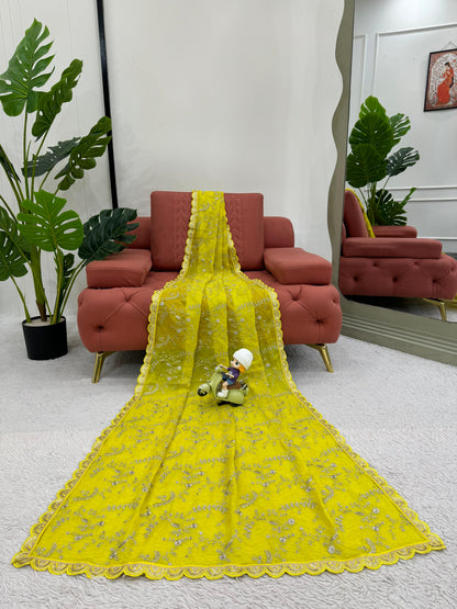 Peaceful Yellow Color Heavy Tabby Silk With Coding With Sequence Work Designer Saree