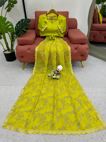 Peaceful Yellow Color Heavy Tabby Silk With Coding With Sequence Work Designer Saree