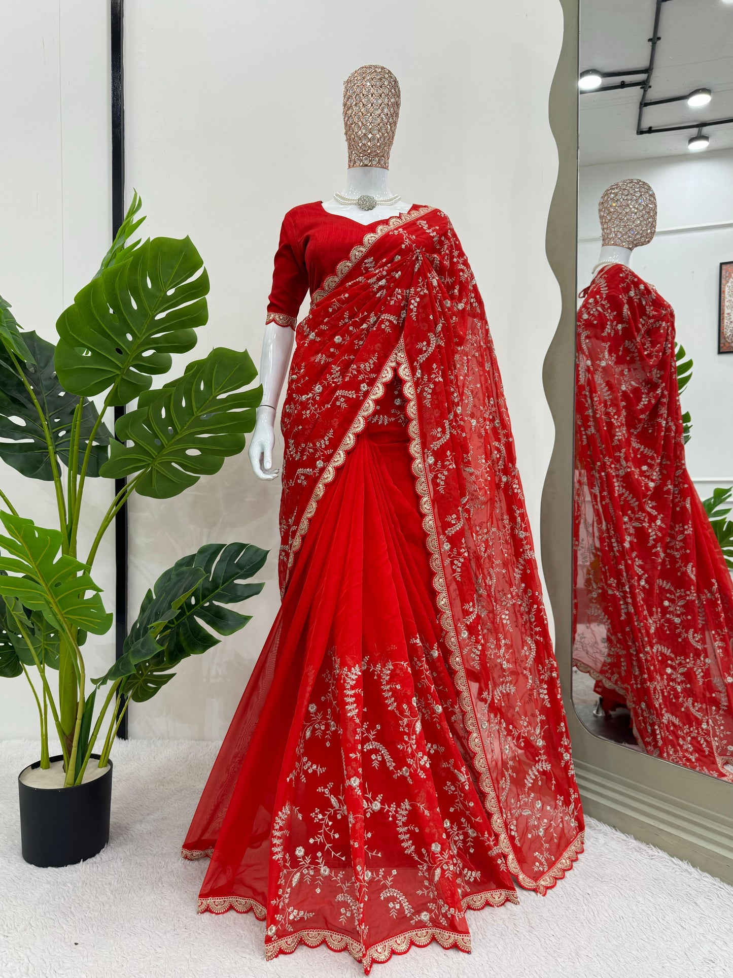 Peaceful Red Color Heavy Tabby Silk With Coding With Sequence Work Designer Saree