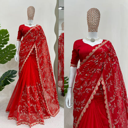 Peaceful Red Color Heavy Tabby Silk With Coding With Sequence Work Designer Saree