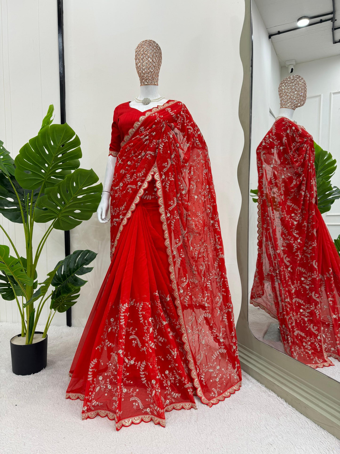 Peaceful Red Color Heavy Tabby Silk With Coding With Sequence Work Designer Saree