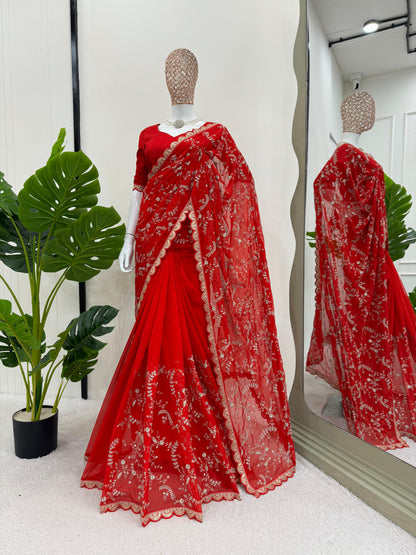 Peaceful Red Color Heavy Tabby Silk With Coding With Sequence Work Designer Saree