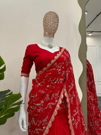 Peaceful Red Color Heavy Tabby Silk With Coding With Sequence Work Designer Saree