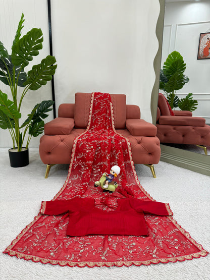 Peaceful Red Color Heavy Tabby Silk With Coding With Sequence Work Designer Saree