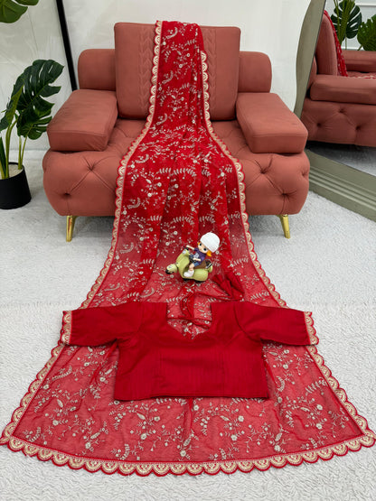 Peaceful Red Color Heavy Tabby Silk With Coding With Sequence Work Designer Saree