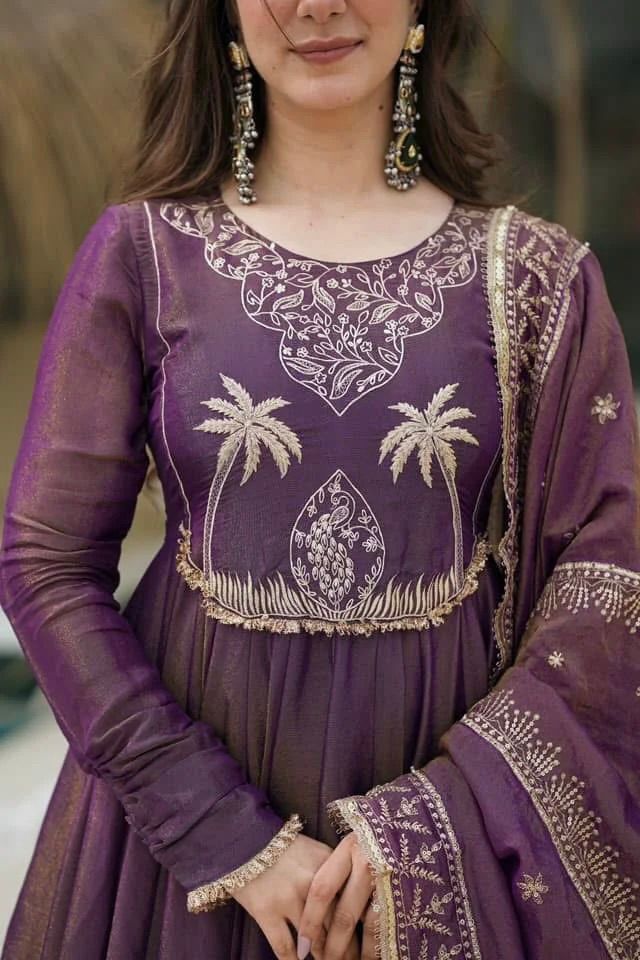 Party Wear Lavender Color Gold Crash With Heavy Embroidery Sequence Work With Fully Flair Designer Gown