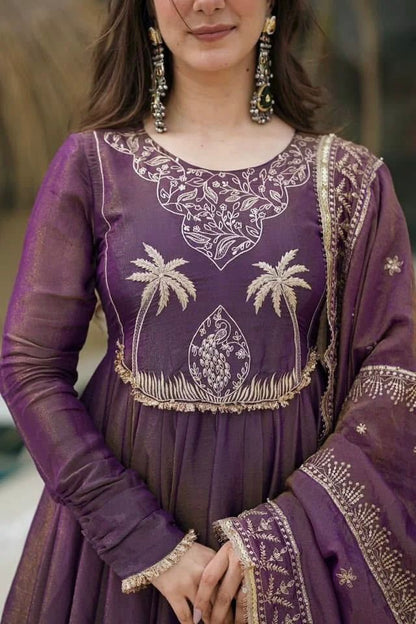 Party Wear Lavender Color Gold Crash With Heavy Embroidery Sequence Work With Fully Flair Designer Gown