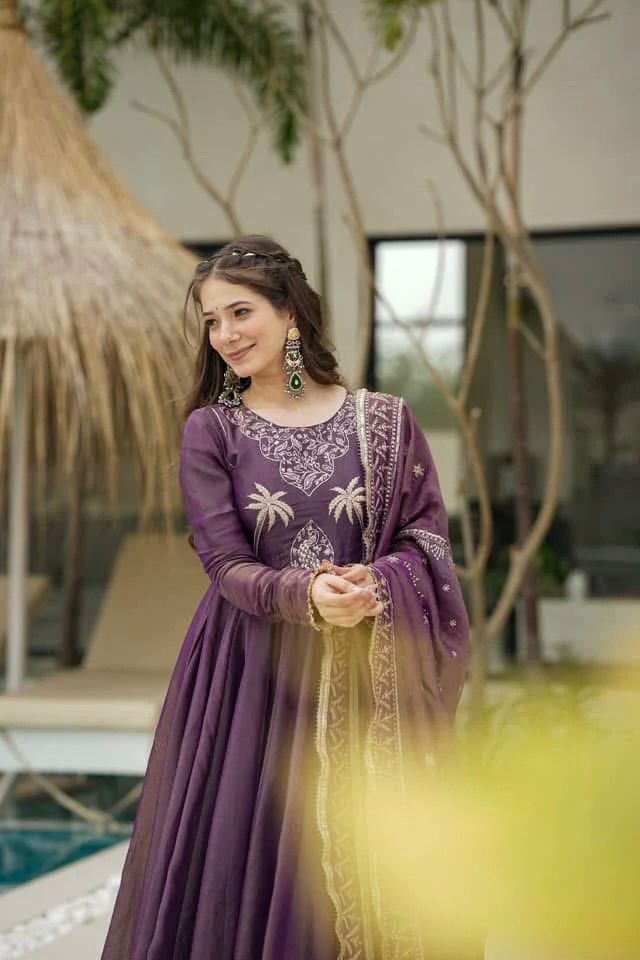 Party Wear Lavender Color Gold Crash With Heavy Embroidery Sequence Work With Fully Flair Designer Gown