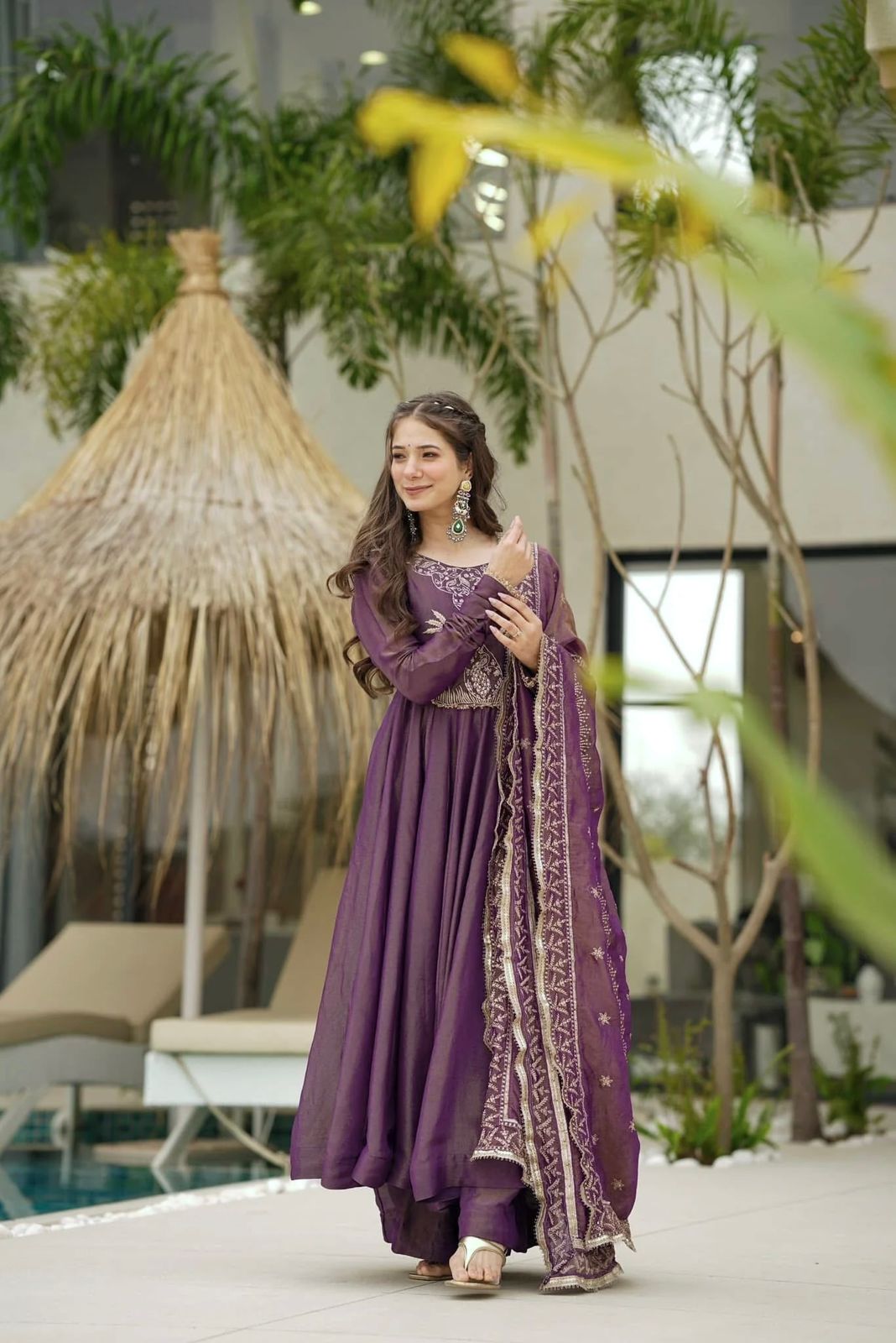 Party Wear Lavender Color Gold Crash With Heavy Embroidery Sequence Work With Fully Flair Designer Gown