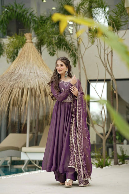 Party Wear Lavender Color Gold Crash With Heavy Embroidery Sequence Work With Fully Flair Designer Gown