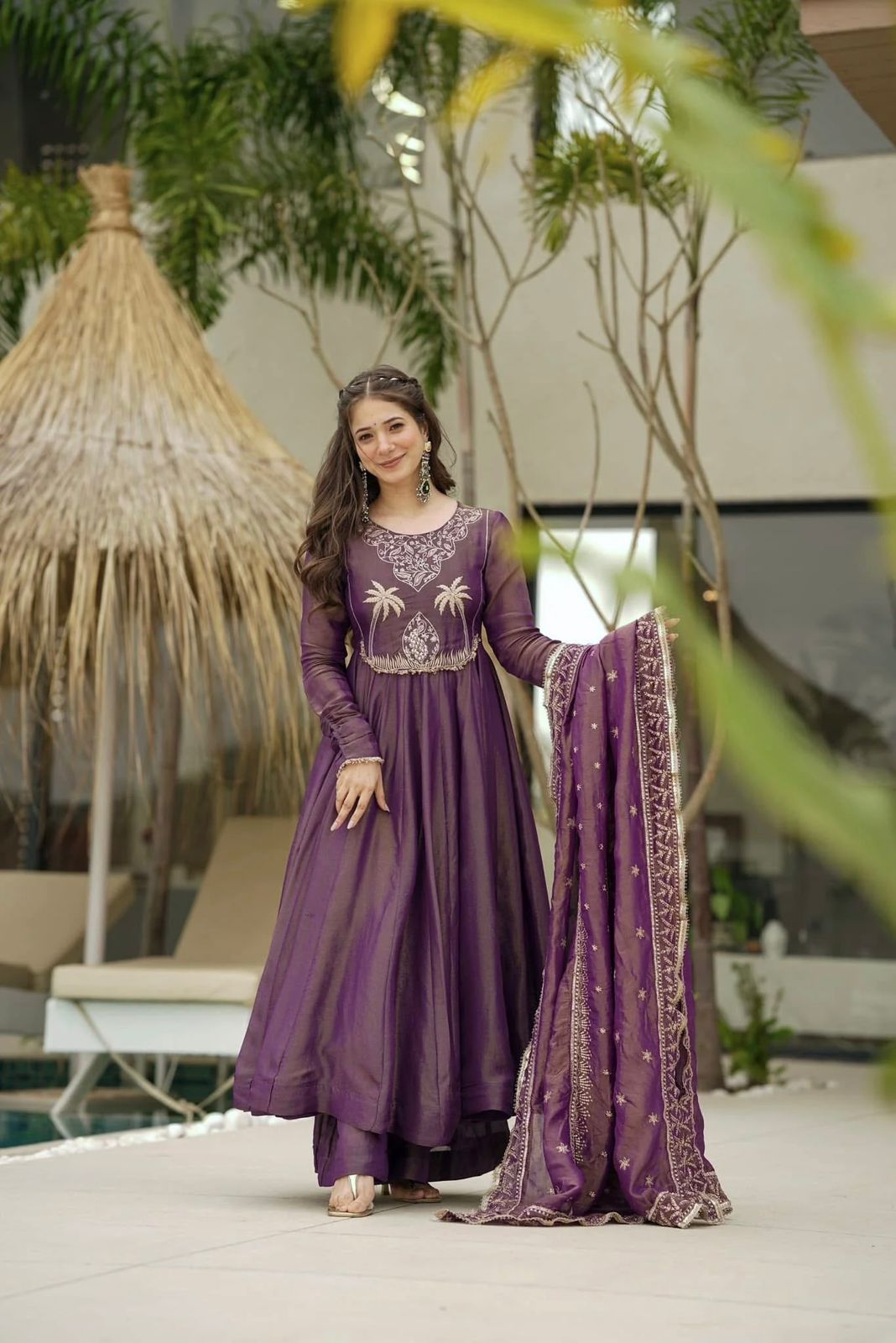 Party Wear Lavender Color Gold Crash With Heavy Embroidery Sequence Work With Fully Flair Designer Gown