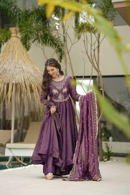Party Wear Lavender Color Gold Crash With Heavy Embroidery Sequence Work With Fully Flair Designer Gown