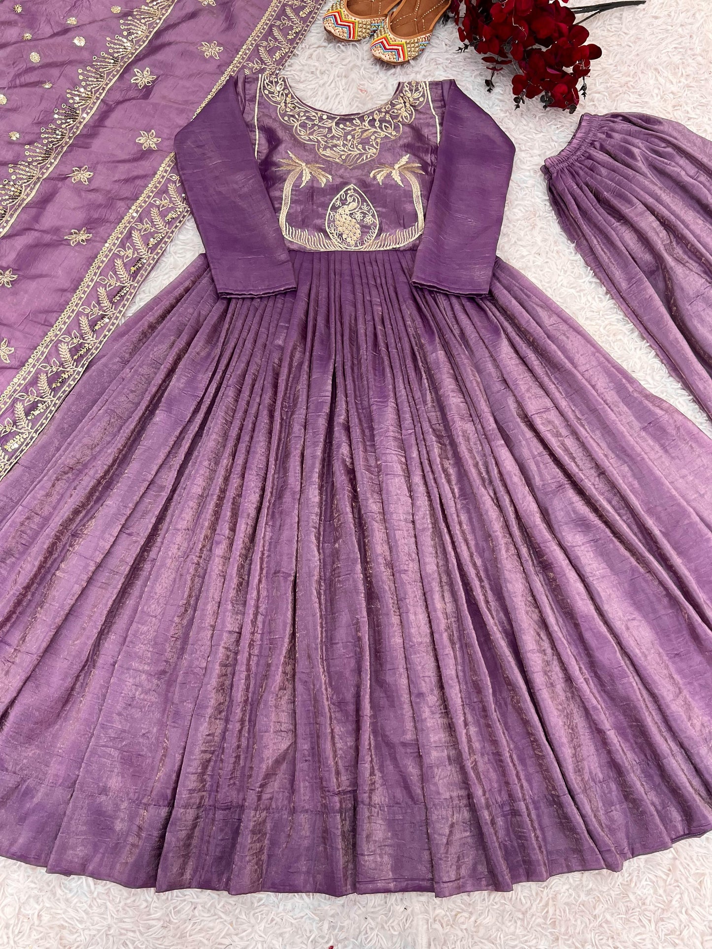 Party Wear Lavender Color Gold Crash With Heavy Embroidery Sequence Work With Fully Flair Designer Gown