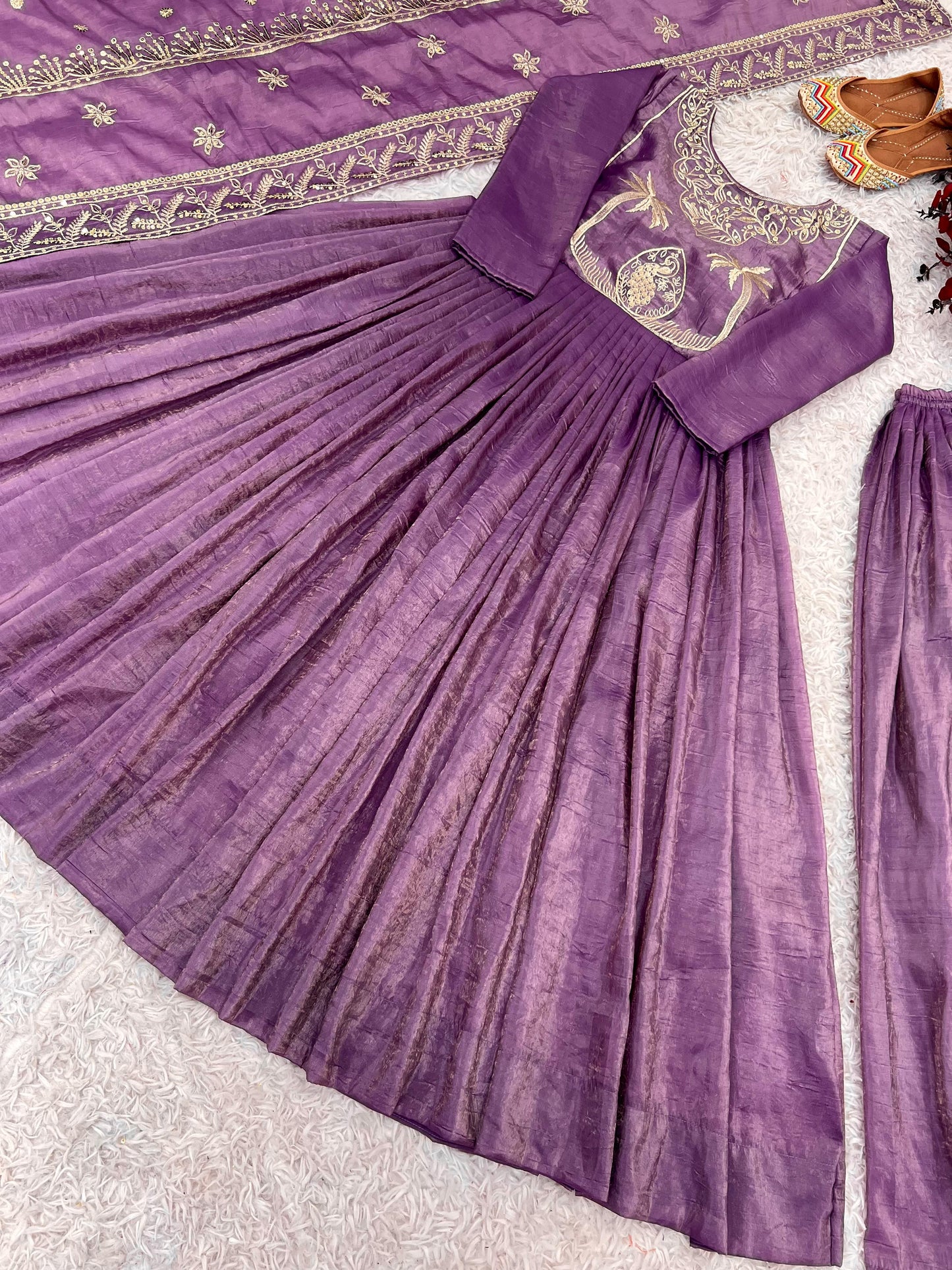 Party Wear Lavender Color Gold Crash With Heavy Embroidery Sequence Work With Fully Flair Designer Gown
