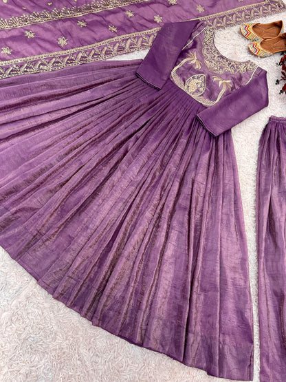 Party Wear Lavender Color Gold Crash With Heavy Embroidery Sequence Work With Fully Flair Designer Gown