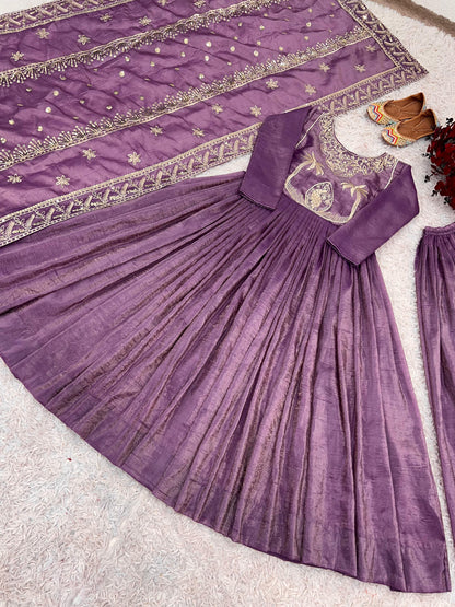 Party Wear Lavender Color Gold Crash With Heavy Embroidery Sequence Work With Fully Flair Designer Gown