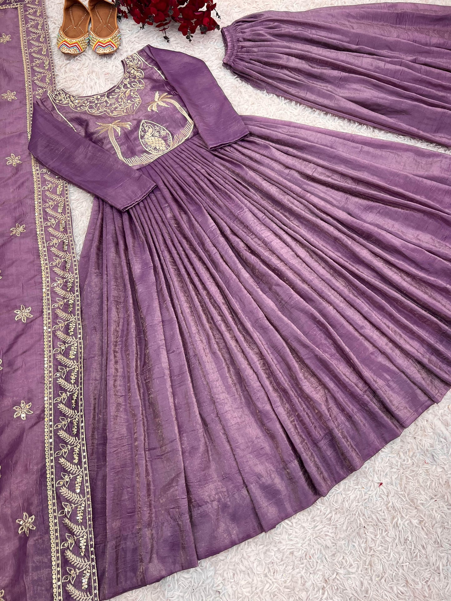 Party Wear Lavender Color Gold Crash With Heavy Embroidery Sequence Work With Fully Flair Designer Gown