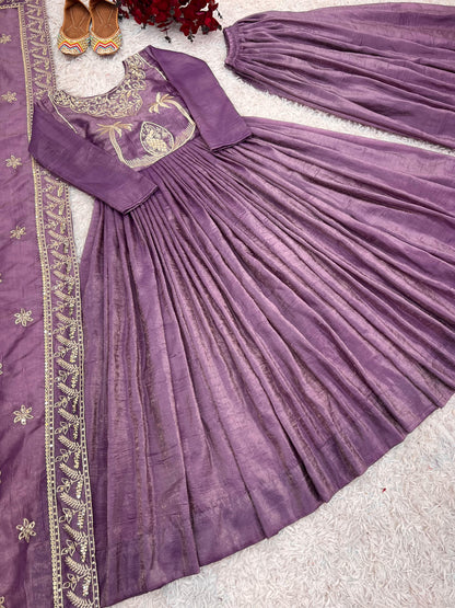 Party Wear Lavender Color Gold Crash With Heavy Embroidery Sequence Work With Fully Flair Designer Gown