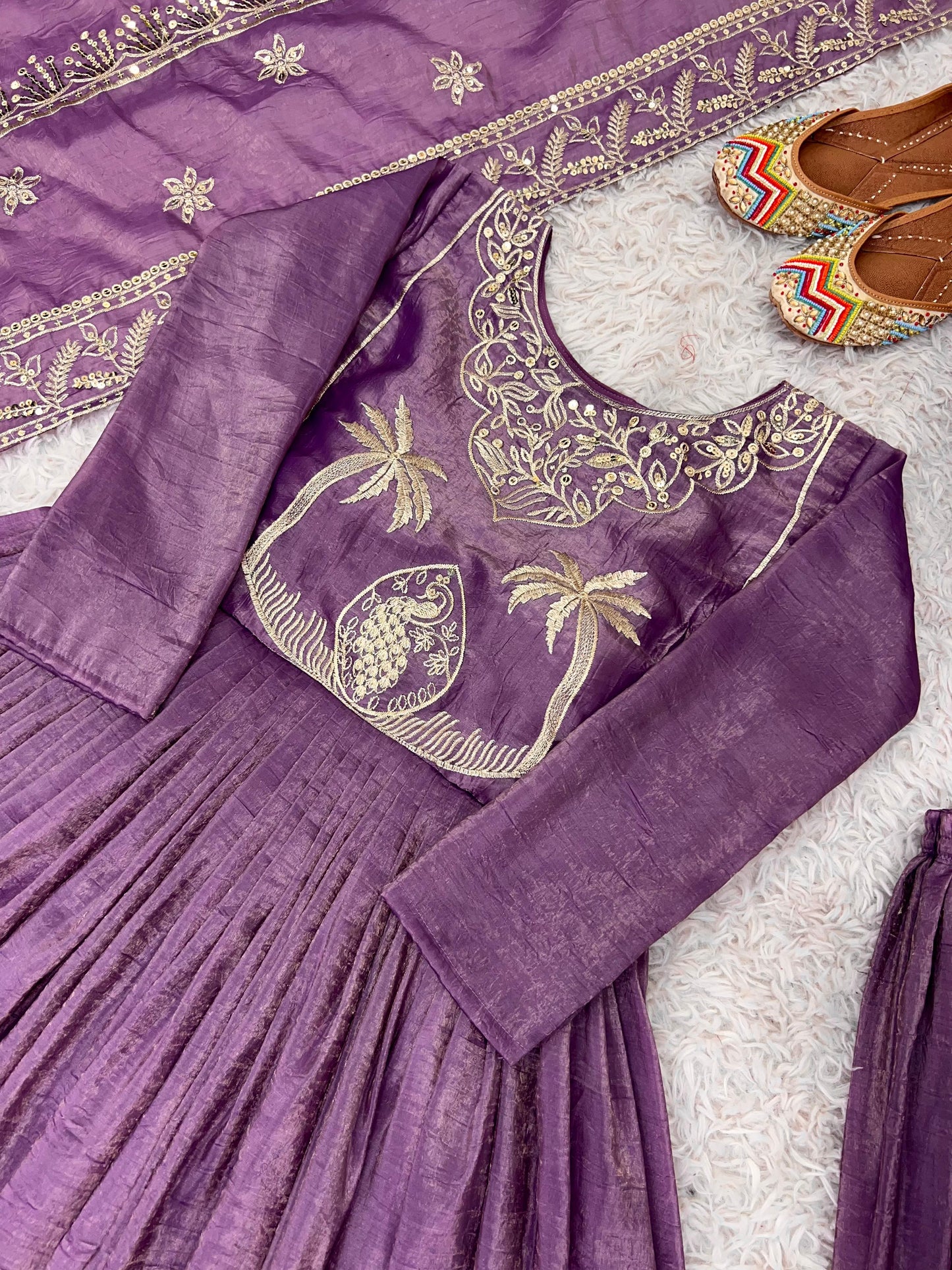 Party Wear Lavender Color Gold Crash With Heavy Embroidery Sequence Work With Fully Flair Designer Gown