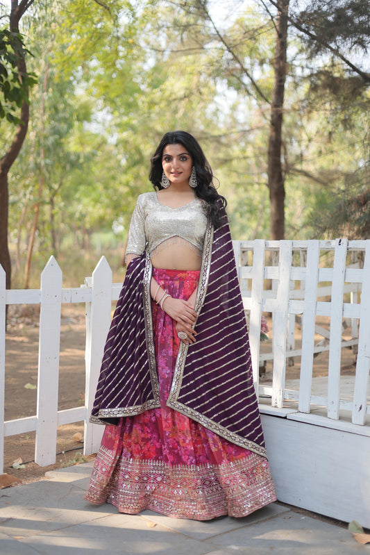 Beautiful Digital Printed Faux Georgette With Heavy Sequins And Thread Embroidered Work Lehenga Choli
