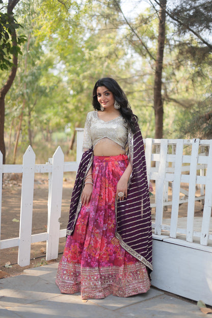 Beautiful Digital Printed Faux Georgette With Heavy Sequins And Thread Embroidered Work Lehenga Choli