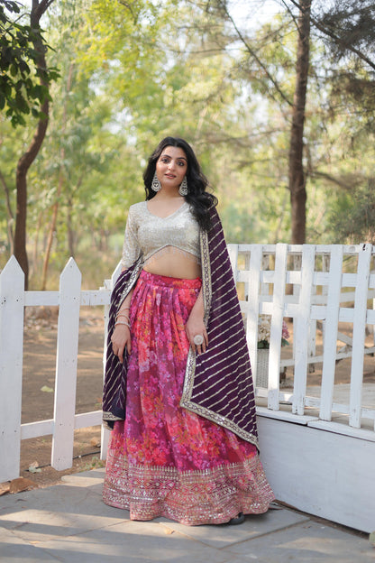 Beautiful Digital Printed Faux Georgette With Heavy Sequins And Thread Embroidered Work Lehenga Choli