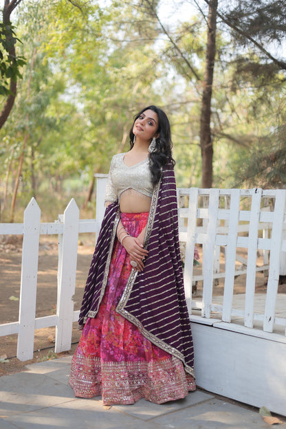 Beautiful Digital Printed Faux Georgette With Heavy Sequins And Thread Embroidered Work Lehenga Choli