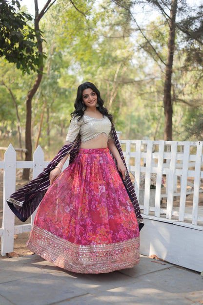 Beautiful Digital Printed Faux Georgette With Heavy Sequins And Thread Embroidered Work Lehenga Choli