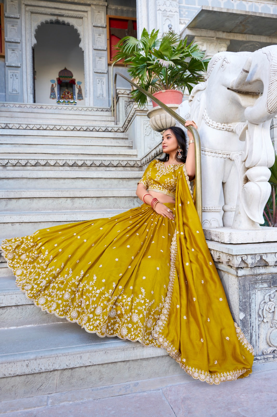 Haldi Special Wear Yellow Color Vichitra Silk With Sequins And Thread Embroidery Work Designer Lehenga Choli