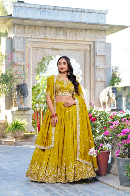 Haldi Special Wear Yellow Color Vichitra Silk With Sequins And Thread Embroidery Work Designer Lehenga Choli
