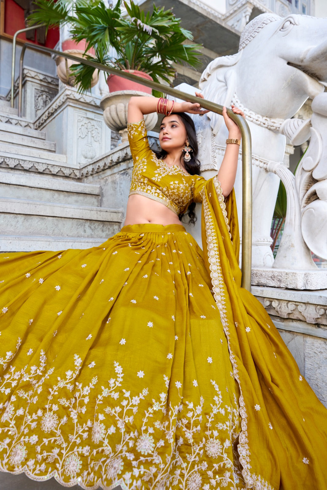 Haldi Special Wear Yellow Color Vichitra Silk With Sequins And Thread Embroidery Work Designer Lehenga Choli