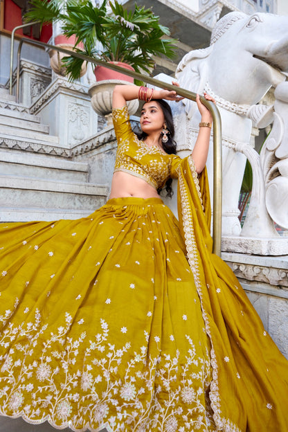 Haldi Special Wear Yellow Color Vichitra Silk With Sequins And Thread Embroidery Work Designer Lehenga Choli
