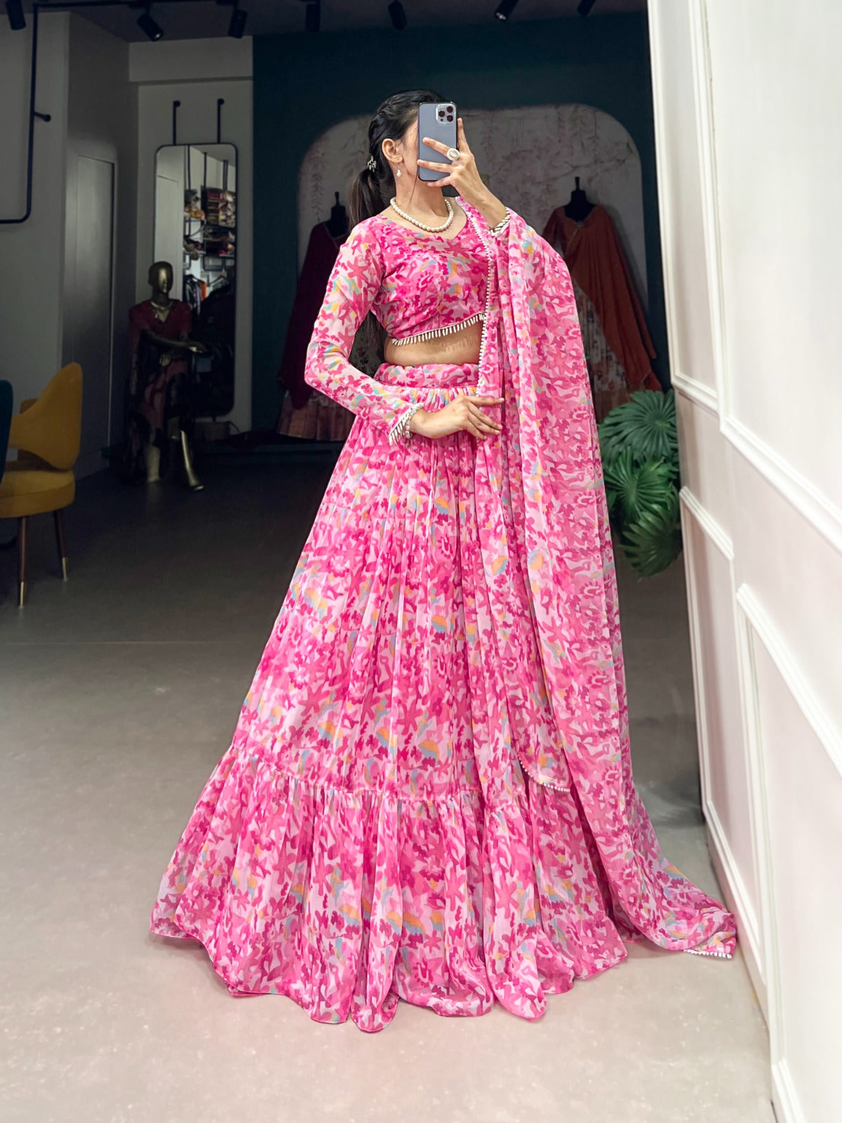 Sangeet Wear Pink Color Georgette With Printed Beautiful Designer Lehenga Choli