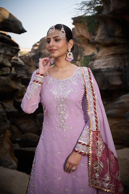 Wedding Wear Lavender Color Faux Georgette Thread With Sequence With Rivet Moti Designer Sharara Suit