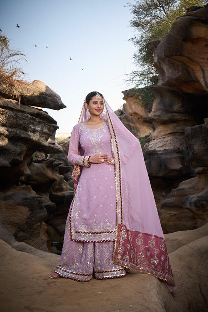 Wedding Wear Lavender Color Faux Georgette Thread With Sequence With Rivet Moti Designer Sharara Suit