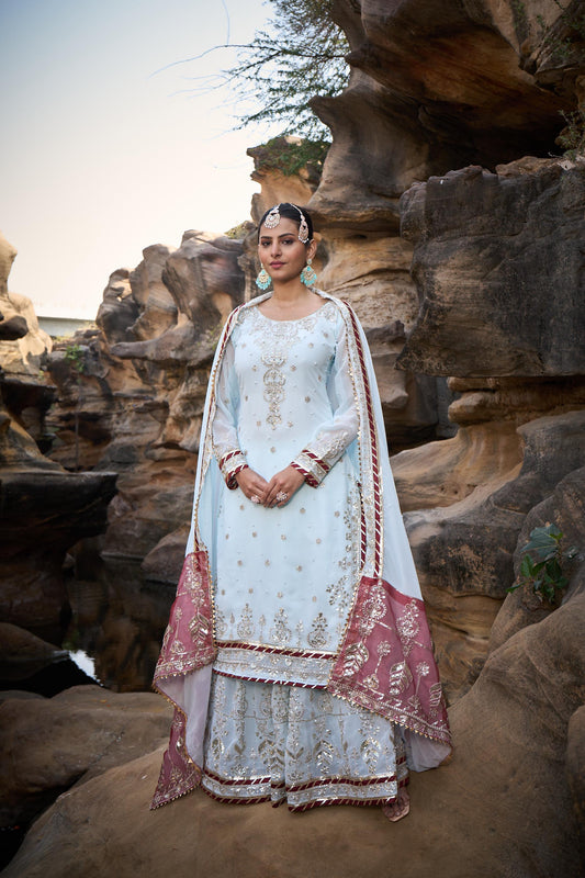 Wedding Wear Sky Blue Color Faux Georgette Thread With Sequence With Rivet Moti Designer Sharara Suit