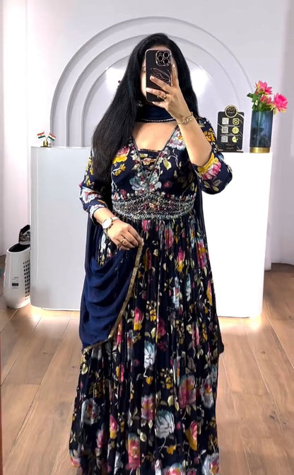 Presenting Navy Blue Color Chinon And Digital Print With Embroidery Work Designer Gown