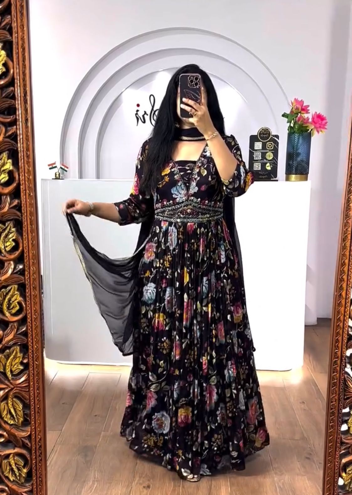 Presenting Navy Blue Color Chinon And Digital Print With Embroidery Work Designer Gown
