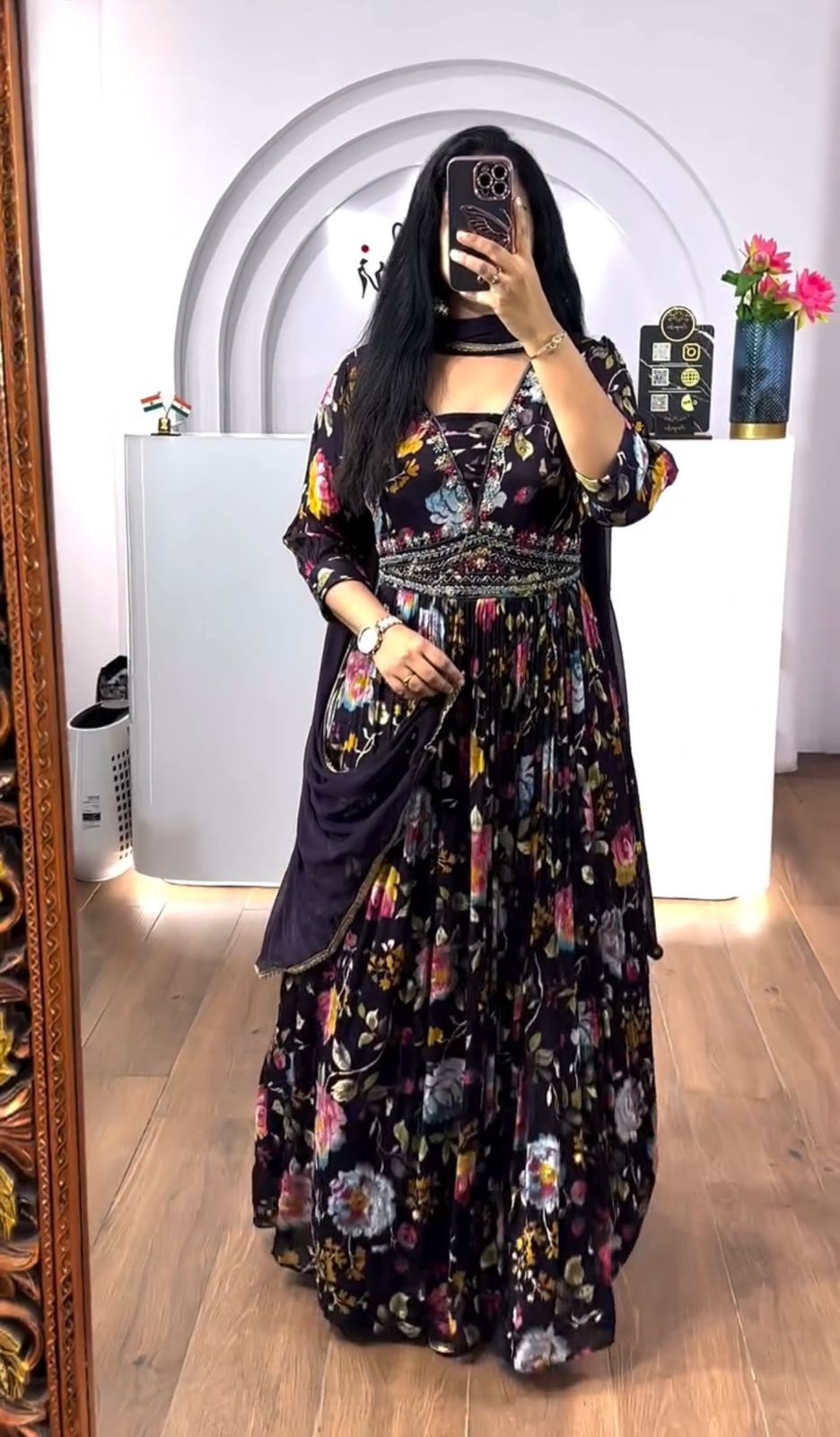 Presenting Navy Blue Color Chinon And Digital Print With Embroidery Work Designer Gown