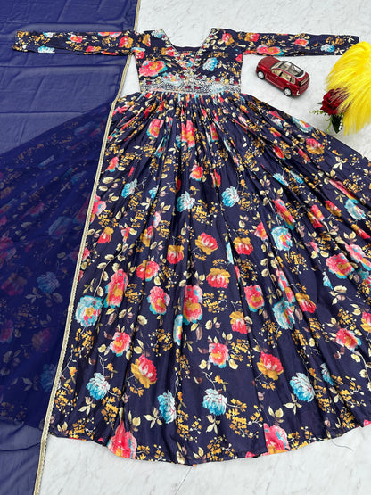 Presenting Navy Blue Color Chinon And Digital Print With Embroidery Work Designer Gown